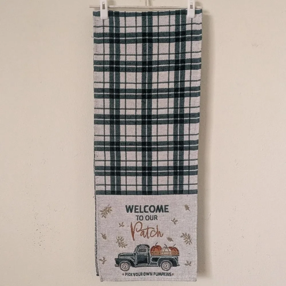 Fall Table Runner Green Plaid, Pumpkin Patch Pickup Truck, 12.75
